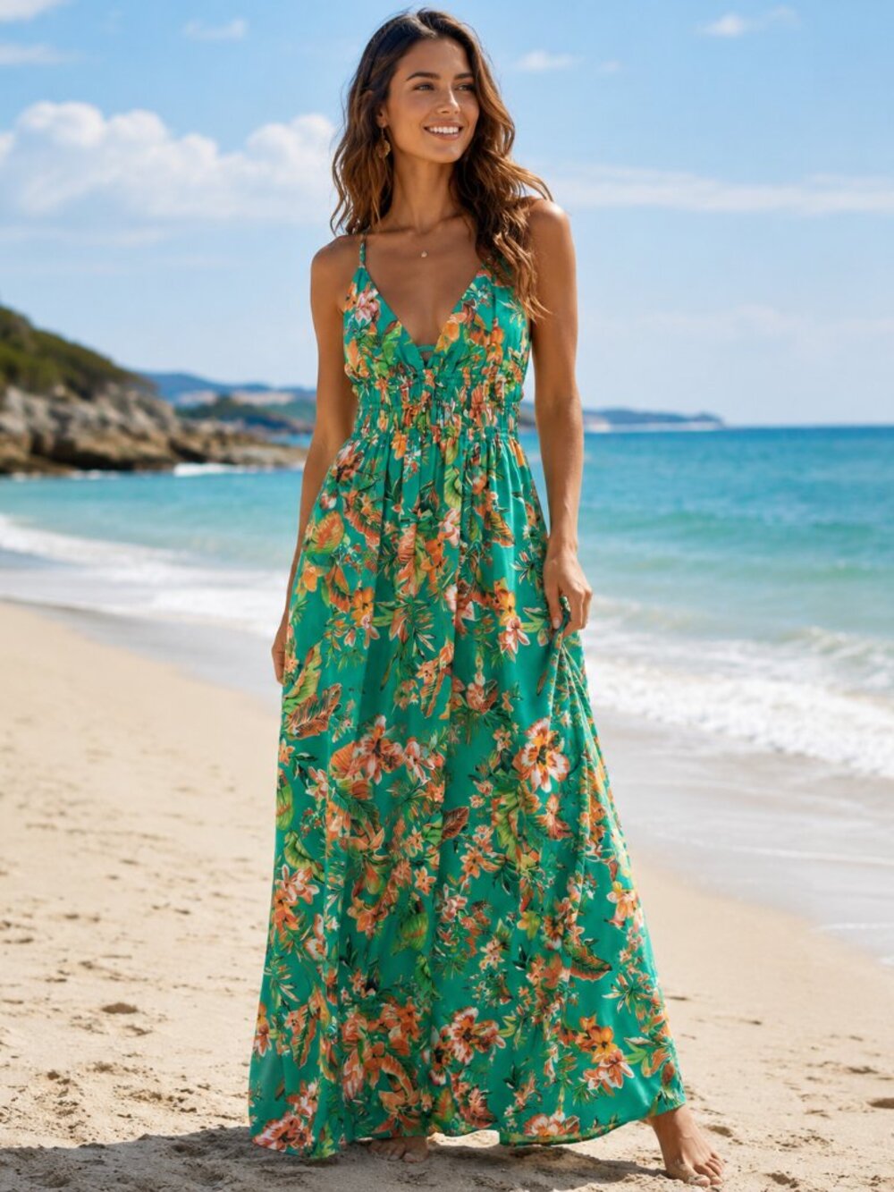 Green Tropical Teal Floral Maxi Dress (Hawaiian print)